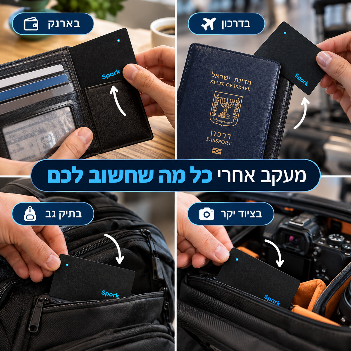 כרטיס איתור Spark בארנק, בכיסוי של דרכון, בתיק גב ובתיק מצלמה
