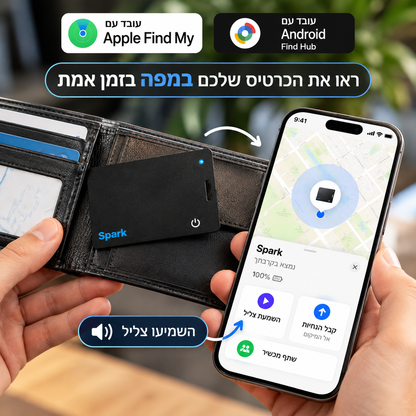 כרטיס איתור Spark בתוך ארנק, והמיקום שלו על המפה בטלפון, עם כפתור להשמעת צליל