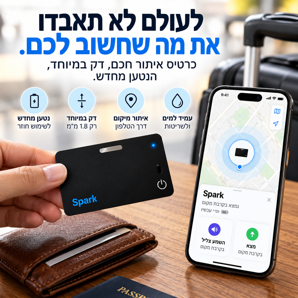 כרטיס איתור Spark ביד ליד ארנק, ובטלפון רואים את המיקום של הכרטיס על המפה