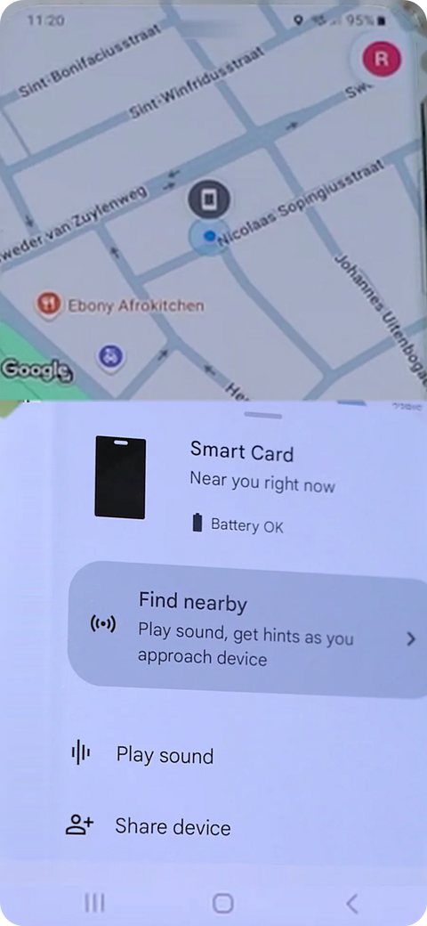 זהו, הכרטיס ב-Find Hub. "Play sound" מצלצל אליו.